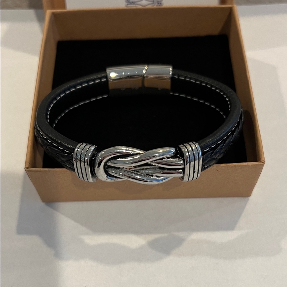 Men's (Mother/Son) Silver Stainless Steel and Black Leather Bracelet-NIB